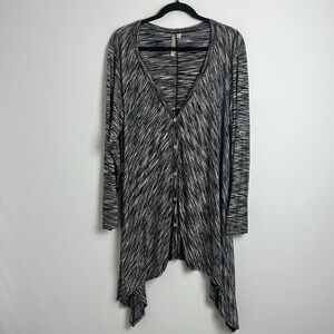Comfy USA LG Black Taupe Stripe Button Front Shark Bite Hem Tunic Top Lagenlook
